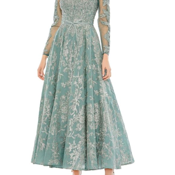 MAC DUGGAL 20337 EMBELLISHED BOW BELT LONG SLEEVE A-LINE JADE DRESS GOWN sz 8 - Picture 5 of 6